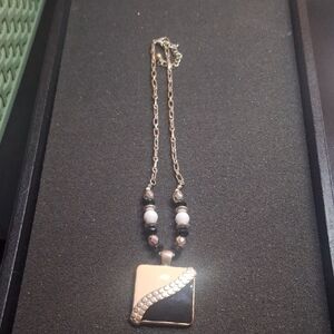 Kenneth Cole Silver-Tone Black and Cream Square Pendant Necklace